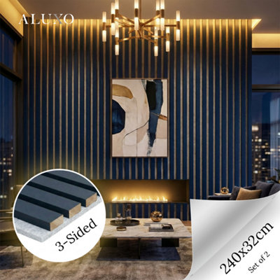 Aluxo Panelux™ Pro Blue Coloured Acoustic Wood Wall Panel Grey Felt Backing 3-Sided Wrap 240Cm X 32Cm (Set Of 2) from B&Q