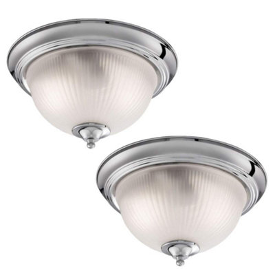 Britalia 2 PackPolished Chrome & Frosted Ribbed Glass Bathroom Vintage Round Flush Ceiling Light 290 mm 2 X E 14 Ses Lamp from B&Q