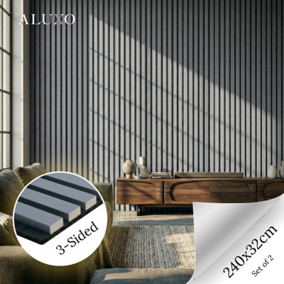 Aluxo Panelux™ Pro Grey Coloured Acoustic Wood Wall Panel 3-Sided Wrap 240Cm X 32Cm (Set Of 2) from B&Q