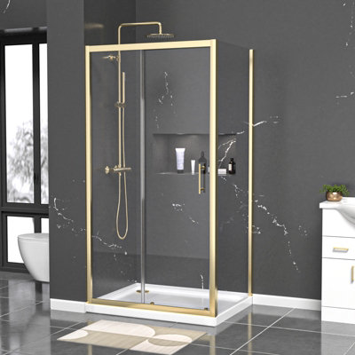 Nes Home 1000 X 700mm Brushed Brass Framed Shower Enclosure Sliding Door Panel & Tray from B&Q