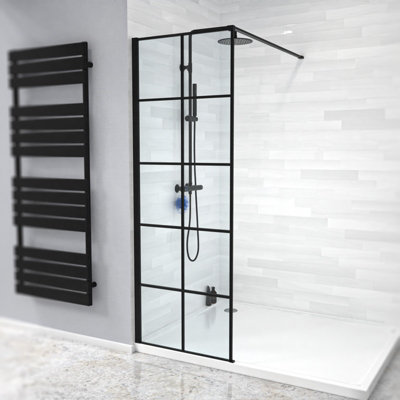 Nes Home Stanley 700 Grid Framed Walk-In Shower Enclosure & Support Bar Black