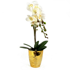 54cm Artificial Orchid Plant - White with Gold Pot