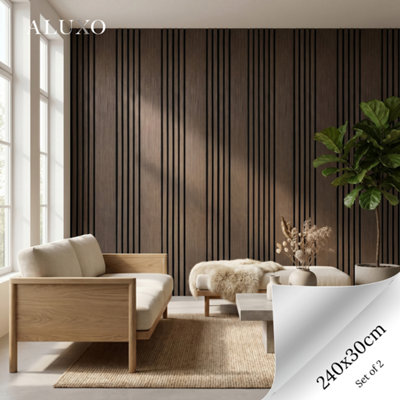 Aluxo Panelux™ Pro Wide Random Rhythmic Slat Smoked Oak Wall Panels240Cm X 30Cm (Set Of 2) from B&Q