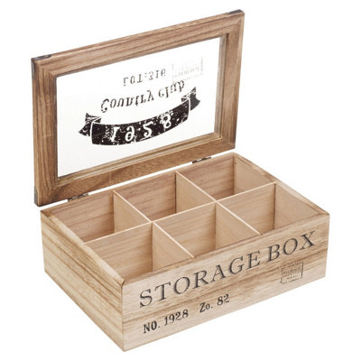 Urbn-Living Wooden Tea Box 6 Section Compartments Glass Lid