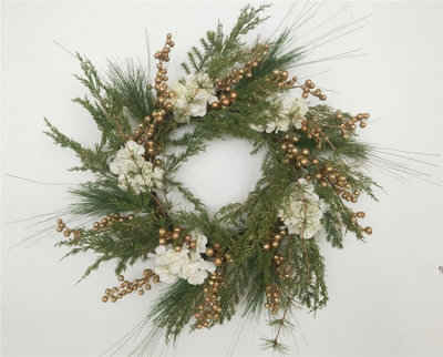 55cm Natural Looking Artificial Green Leaves, Golden Berries and White Hydrangea Flowers Wreath Front Door Hanging Christmas Decor