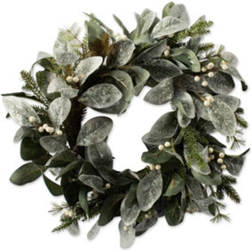 55cm Natural Looking Artificial Snowy Leaves, White Berries and Glittered Flowers Wreath Front Door Hanging Christmas Wedd