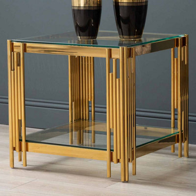 55cm Sofa Side Table for Living Room Furniture, Glass and Metal End Table