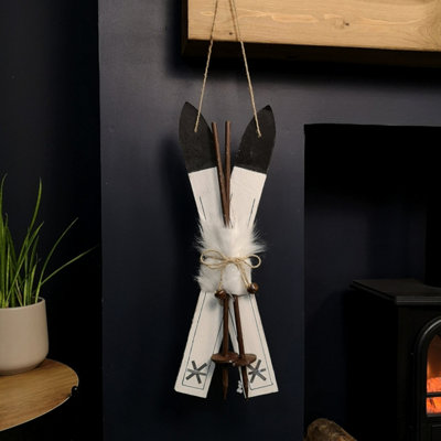55cm White Wooden Hanging Skis with White Fur and Silver Bells Christmas Decoration Price Comparisons | Compare The Build