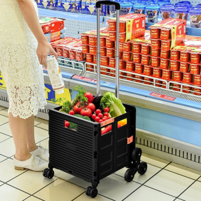 55L Black Collapsible Rolling Utility Crate with Adjustable Handle and ...