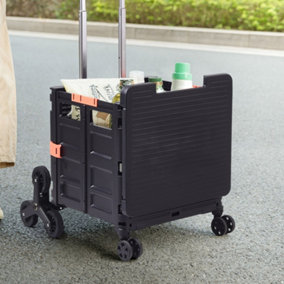 55L Black Collapsible Rolling Utility Crate with Adjustable Handle and Magnetic Lid