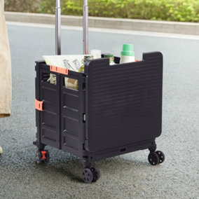 55L Black Collapsible Rolling Utility Crate with Magnetic Lid and Adjustable Handle