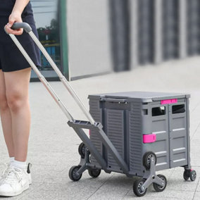 55L Grey  Collapsible Rolling Utility Crate with Adjustable Handle and Magnetic Lid