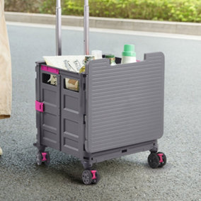 55L Grey Collapsible Rolling Utility Crate with Magnetic Lid and Adjustable Handle