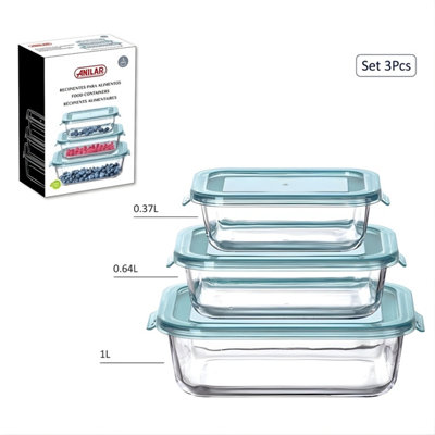  - Glass Container Set Of 3 Airtight Plastic Lid Clear Microwave Dishwasher Safe