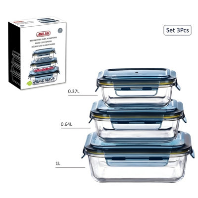  - Food Storage Container Set Of 3 Glass With Airtight Snap Lid Microwave Safe