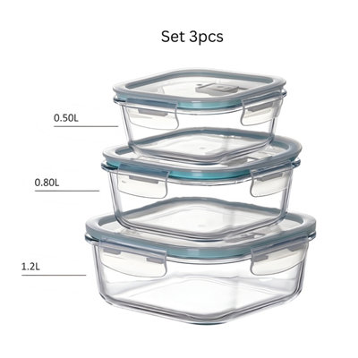 Glass Food Storage Container Set Of 3 With Airtight Snap Lid Microwave Safe from B&Q
