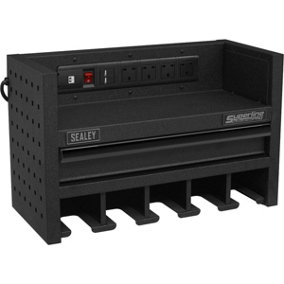 560mm Power Tool Storage Rack with Drawer - Fitted Power Strip - Holds 5 Tools