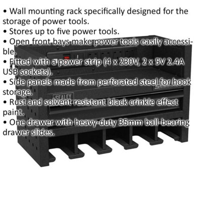 560mm Power Tool Storage Rack with Drawer - Fitted Power Strip - Holds 5  Tools