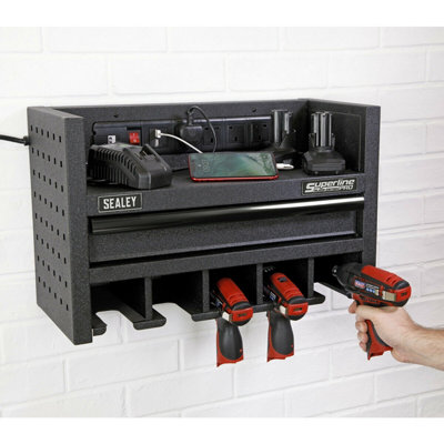 560mm Wall-Mounted Power Tool Storage Rack with Drawer and Power Strip ...