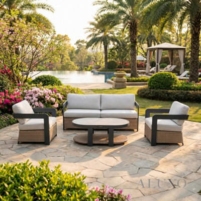 B&Q -  Selene 5-Seater Luxury Lounge SetOnyx AluminiumWoven Base & Sintered Stone Table