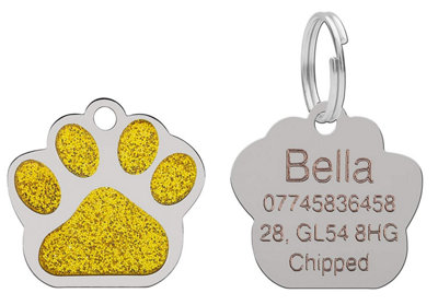 LarryRoo Personalised Engraved Id Pet Tags Glitter Paw Design Quality 27mm Dog Tags (Yellow) from B&Q