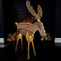 56cm Battery Operated Light up 3D Wooden Christmas Reindeer with Warm White LEDs