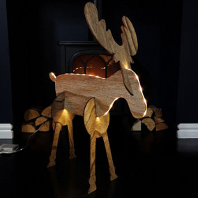 56cm Battery Operated Light up 3D Wooden Christmas Reindeer with Warm White LEDs