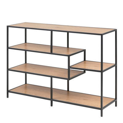 B&Q -  Seaford Wide Black Metal Bookcase With 4 Oak Shelves
