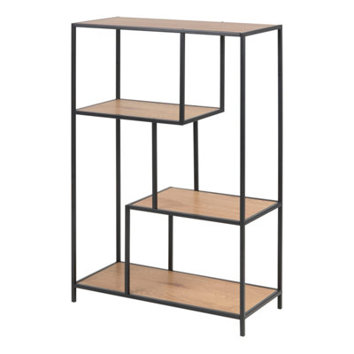 B&Q -  Seaford Black Metal Asymmetrical Bookcase With 3 Oak Shelves