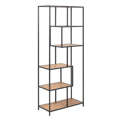 B&Q -  Seaford Tall Black Metal Bookcase With 5 Oak Shelves