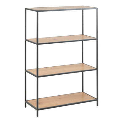 B&Q -  Seaford Black Metal Low Bookcase With 3 Oak Shelves
