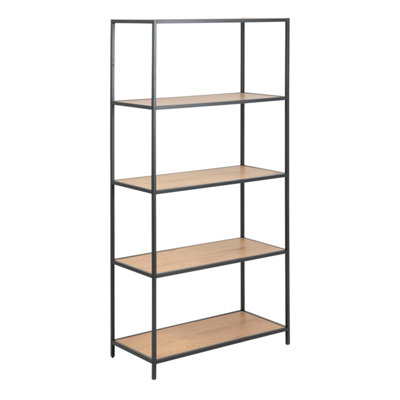 B&Q -  Seaford Tall Black Metal Bookcase With 4 Oak Shelves