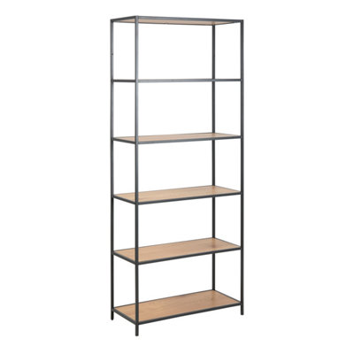 B&Q -  Seaford Tall Black Metal Bookcase With 5 Shelves In Oak