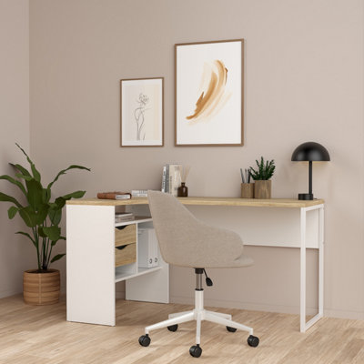 Furniture To Go Function Plus Corner Desk 2 Drawers In White And Oak  (W) 145.1 X (H) 76.8 X (D) 81Cm from B&Q