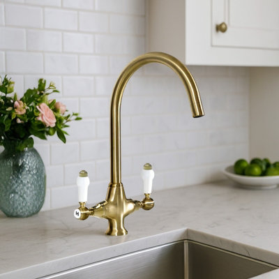B&Q -  Brushed Brass Traditional Twin Lever Kitchen Mixer