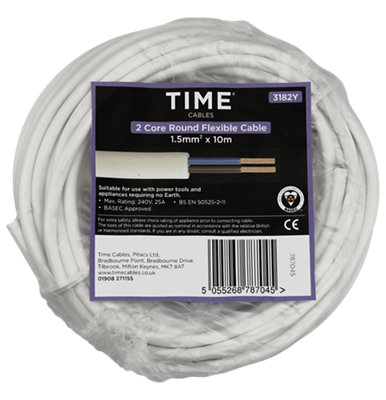 Time cables white 2 core round flexible cable 1.5mm² x 10m in circular packaging. Table below includes label details.