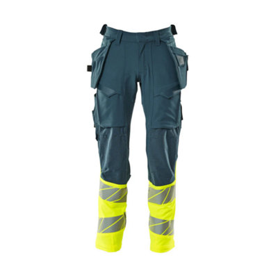 Mascot Accelerate Safe Trousers With Holster PocketsDark Petroleum/hi-Vis Yellow   (33.5) (Leg LengthShort) from B&Q