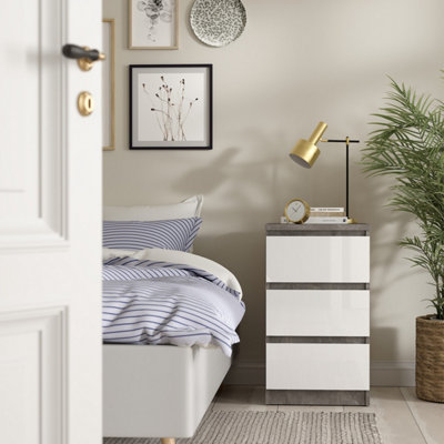 Furniture To Go Naia Bedside 3 Drawers In Concrete And White High Gloss (W) 40.4 X  (H) 70.1 X (D) 50Cm from B&Q