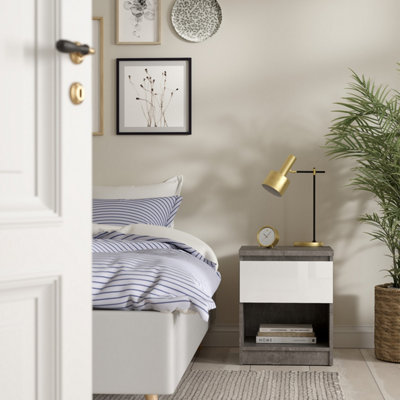 Furniture To Go Florence Single Drawer Single Shelf Concrete And White High Gloss Bedside Table - Image 5