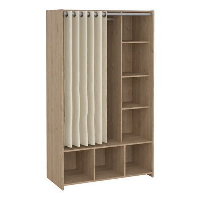 Furniture To Go Beige Uppsala Open Mobile Wardrobe Unit In Jackson Hickory Oak With A Textile Curtain