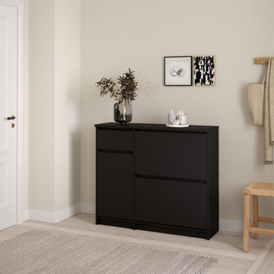 B&Q -  Naia Shoe Cabinet With 2 Flip Down Doors 1 Door And 1 Drawer In Black Matt (W) 108.9 X  (H) 92.9 X (D) 31.5Cm