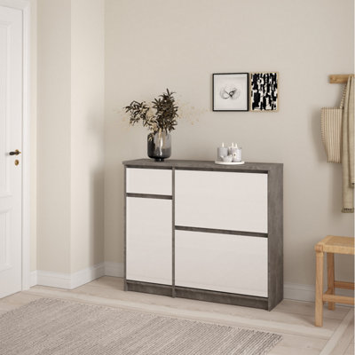 B&Q -  Naia Shoe Cabinet With 2 Flip Down Doors 1 Door And 1 Drawer In Concrete And White High Gloss (W) 108.9 X  (H) 92.9 X (D) 31.5Cm