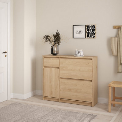 B&Q -  Naia Shoe Cabinet With 2 Flip Down Doors 1 Door And 1 Drawer In Jackson Hickory Oak (W) 108.9 X  (H) 92.9 X (D) 31.5Cm
