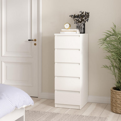 Tvilum Esla Matt White No Effect 5 Drawer Tall Chest (H)1113mm (W)404mm (D)500mm