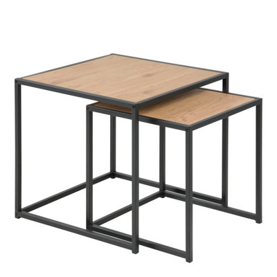 B&Q -  Seaford Black Metal Nest Of Tables With Oak Top
