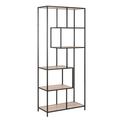 B&Q -  Seaford Tall Black Metal Bookcase With 5 Sonoma Oak Shelves