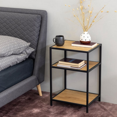 B&Q -  Seaford Black Metal Bedside Table With 2 Oak Shelves
