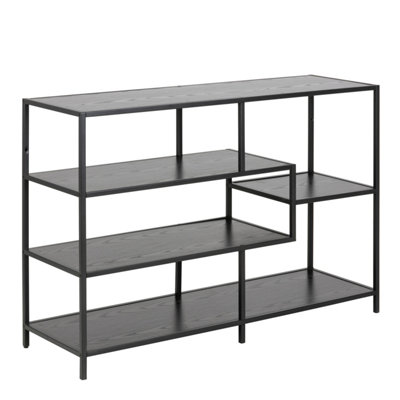 B&Q -  Seaford Wide Black Metal Bookcase With 4 Black Oak Shelves