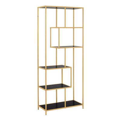 B&Q -  Seaford Tall Gold Metal Bookcase With 5 Black Shelves