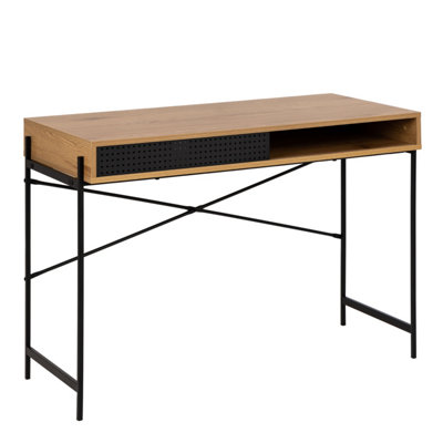 B&Q -  Angus Office Desk With Sliding Door In Oak & Black